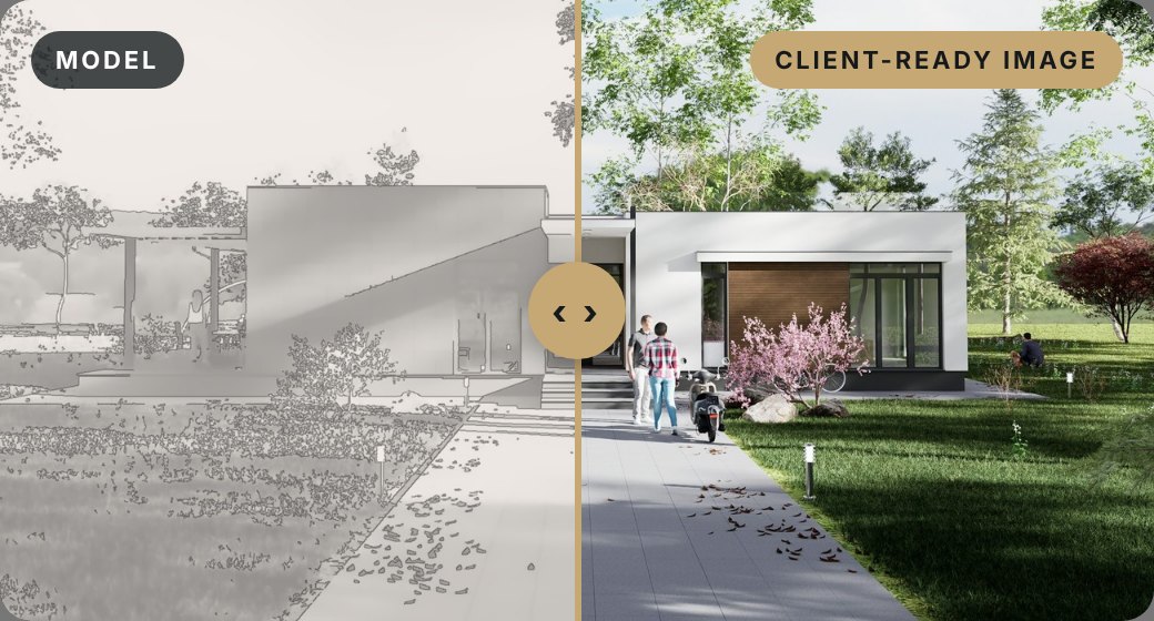 Split image: white model on the left, client-ready render on the right